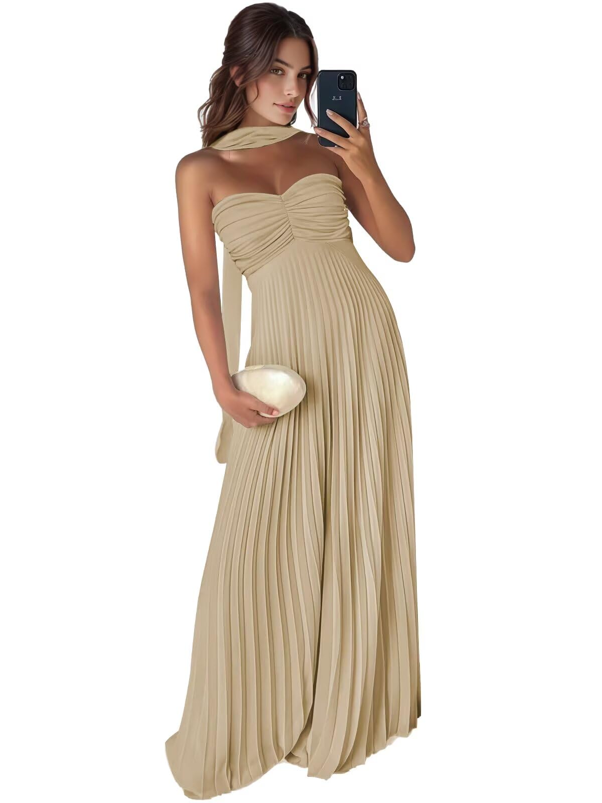 RunaCelle Strapless Satin Bridesmaid Dresses for Women with Scarf Sleeveless A Line Pleated Maxi Formal Evening Dress