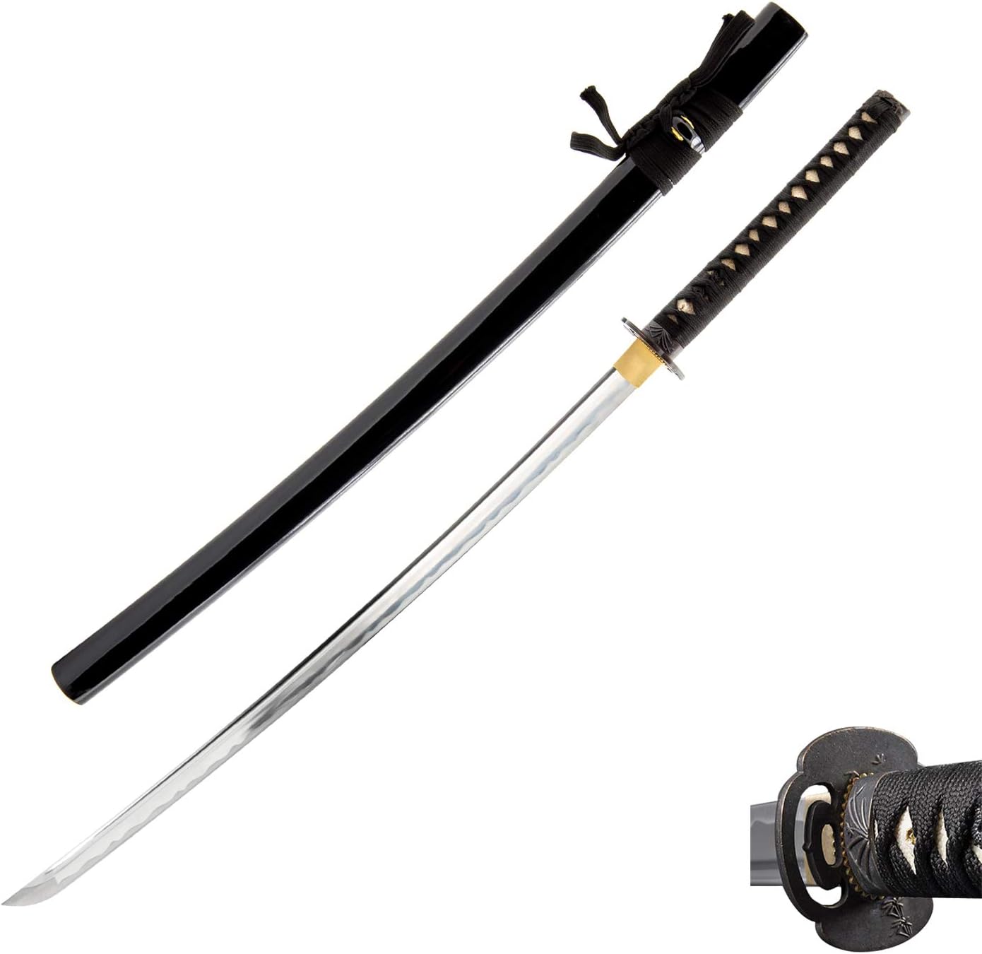 HMS Unsharpened Iaido Trainging Katana Sword, Aluminium Alloy Blade, Handmade, Full Tang, Brass Fittings, Bamboo Alloy Tsuba, Black Scabbard