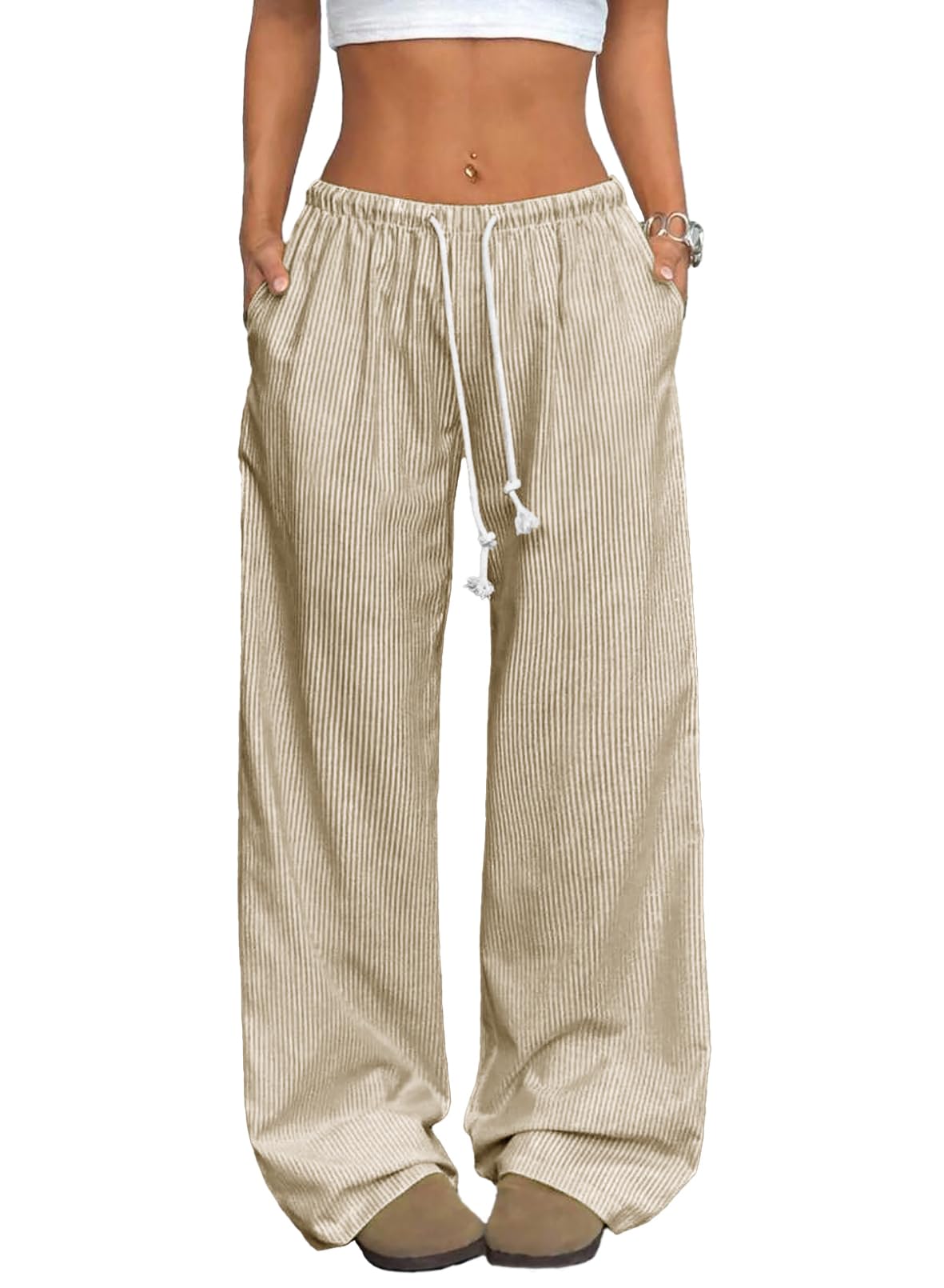 AlvaQ Womens Plus Size Striped Pants Casual Loose Drawstring Elastic Waist Wide Leg Boxer Trousers with Pockets L-4X