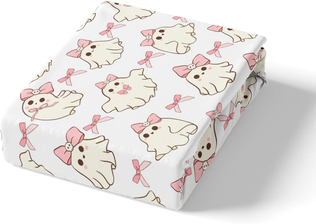 jejeloiu キッズ ピンク ゴースト ボックスシーツ クイーンサイズ キュート 蝶結び リボン 寝具セット 男の子 女の子 ハ