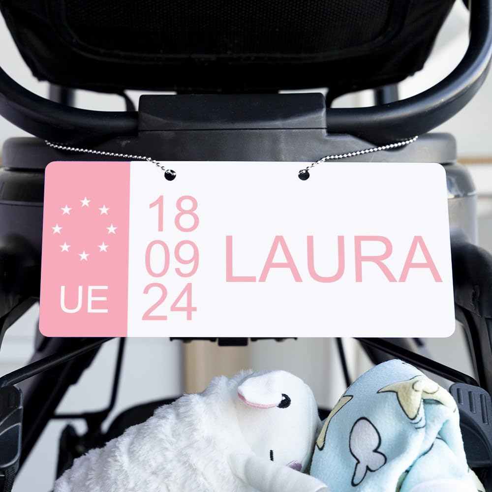 Wanapix | Personalised Name Number Plate | 21x9.5cm | EU-Style Decorative Plate for Pram or Scooter | Pink Edition