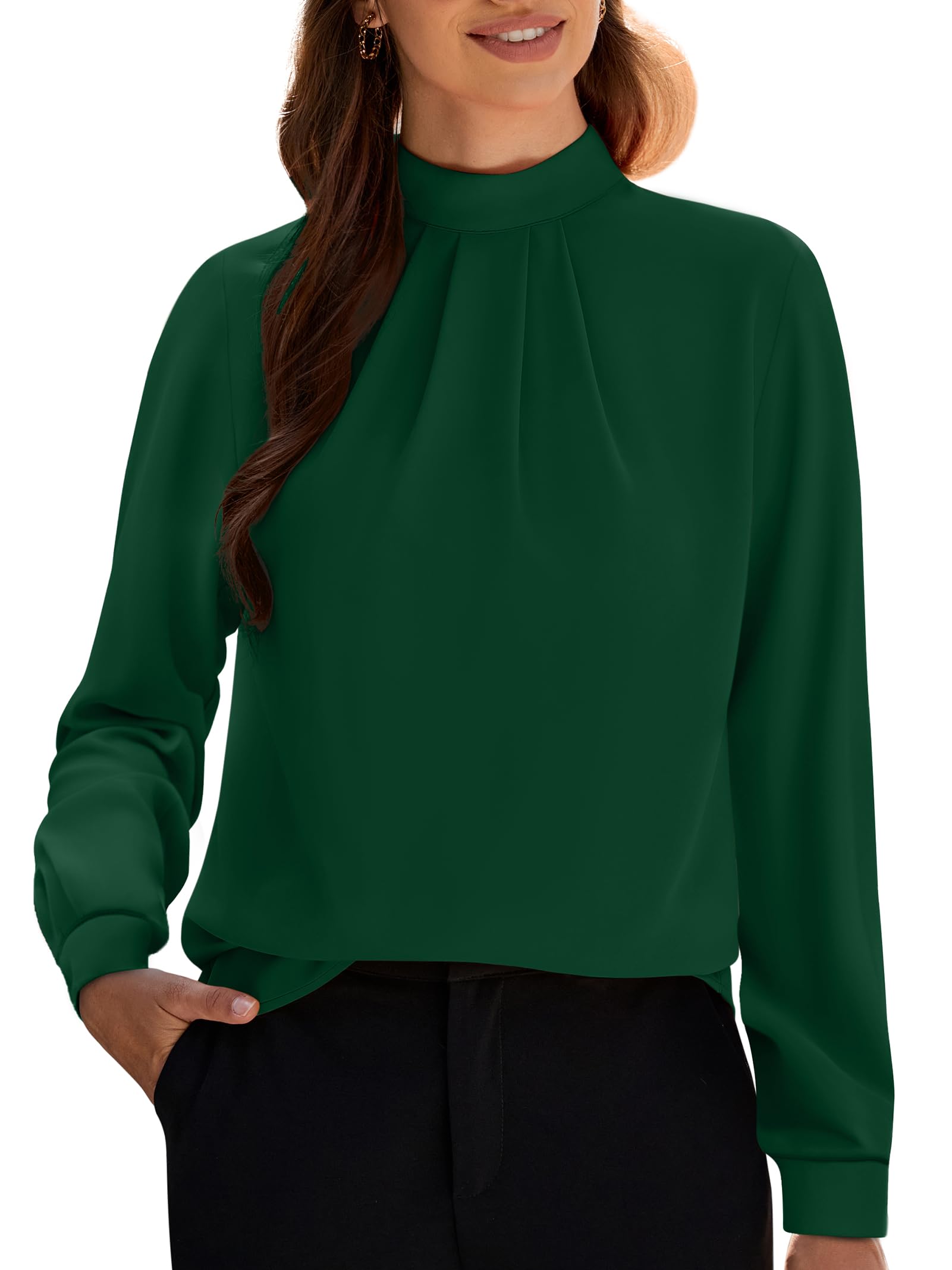 Funlingo Women's Long Sleeve Tops Dressy Casual Mock Neck Work Blouse Fall Trendy Front Pleated Tunic Chiffon Shirts