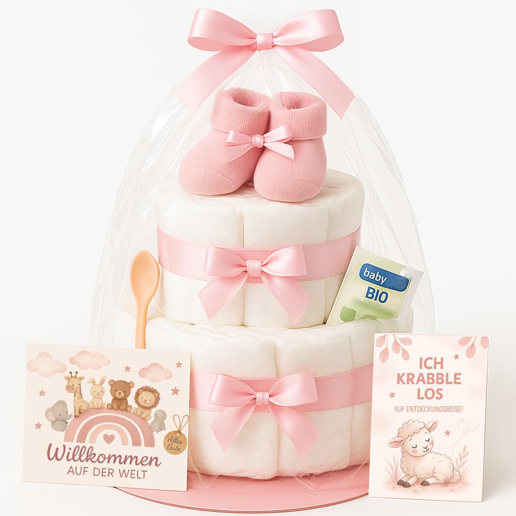 Torta di pannolini da bambina a 2 piani in rosa con calzini, regalo per nascita per mamma, battesimo o baby shower, idea regalo con pannolini neonati, biglietto di auguri incluso