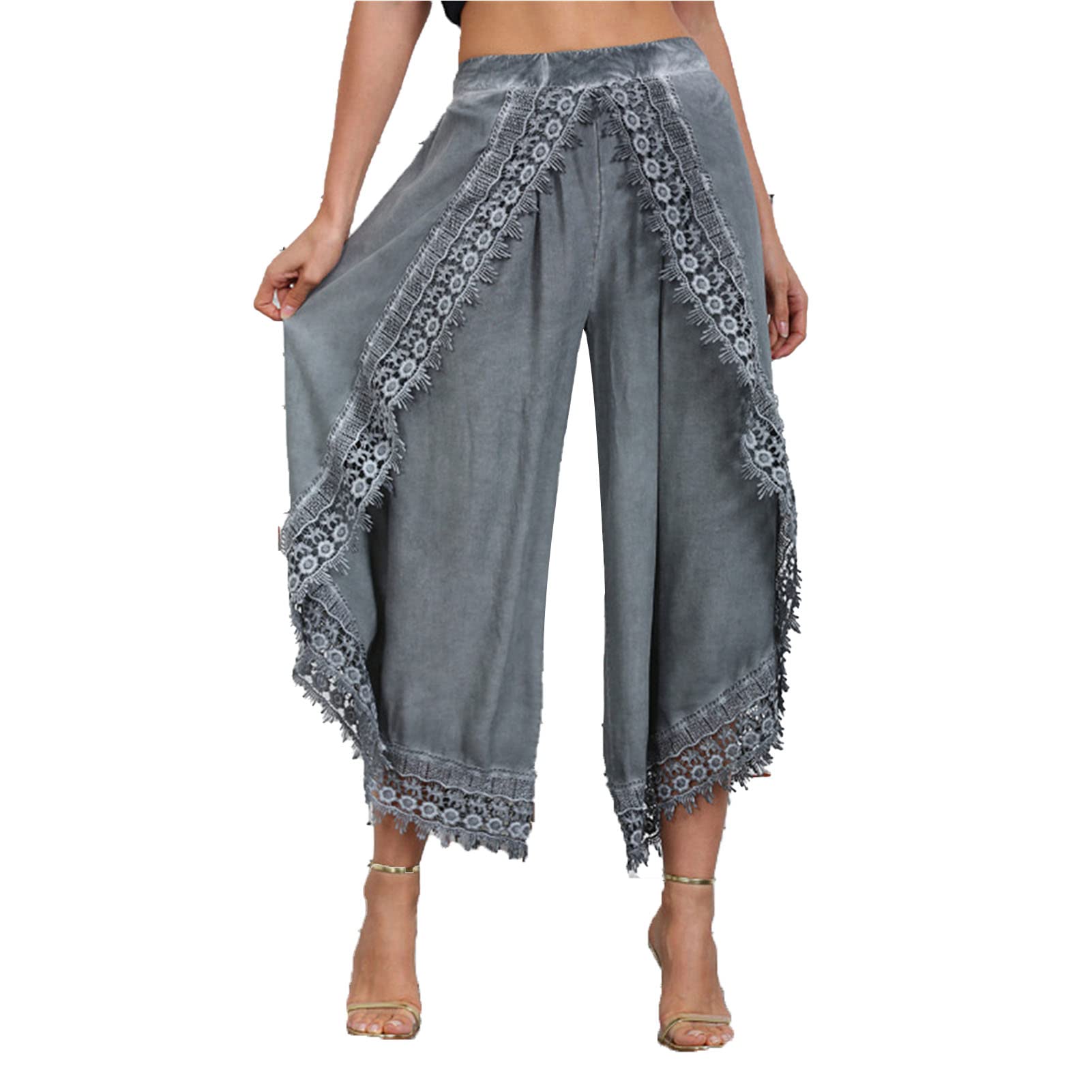 Women's Lace Slit Wide Leg Pants Casual Workout Baggy Yoga Cover Up Pants High Waist Dance Cropped Trousers (Grey,Small)