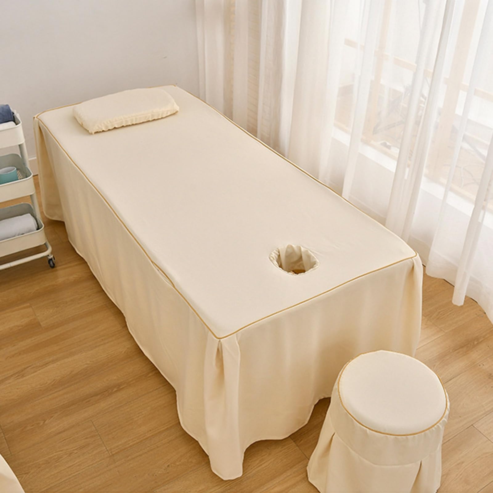 Spódnica do masażu z otworem 4-częściowy zestaw pościeli z mikrofibry miękkie bawełniane narzuty do spa poszewka na poduszkę i dopasowana poszewka na stołek (szary, 185 x 80 cm (73 x 31 cali))