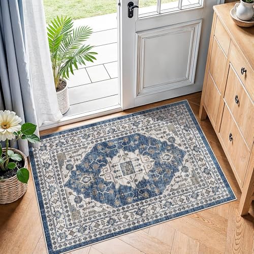 Washable 4-Piece Kitchen Floor Mats: Farmhouse Non-Slip Kitchen Sink Rug Easy Clean Water-Resistant Runners for Hallway Bathroom Soft Decorative Carpet for Pet Feeding Area(2x3+2x4+2x5+2x6,Blue)