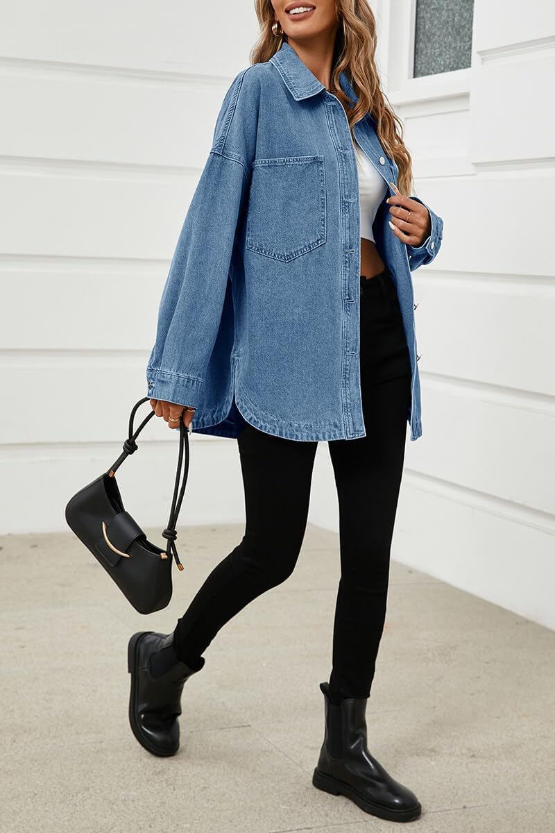 Tankaneo Womens Oversized Denim Shirt Jacket Button Down Long Sleeve Fall Casual Jean Shackets - Image 5