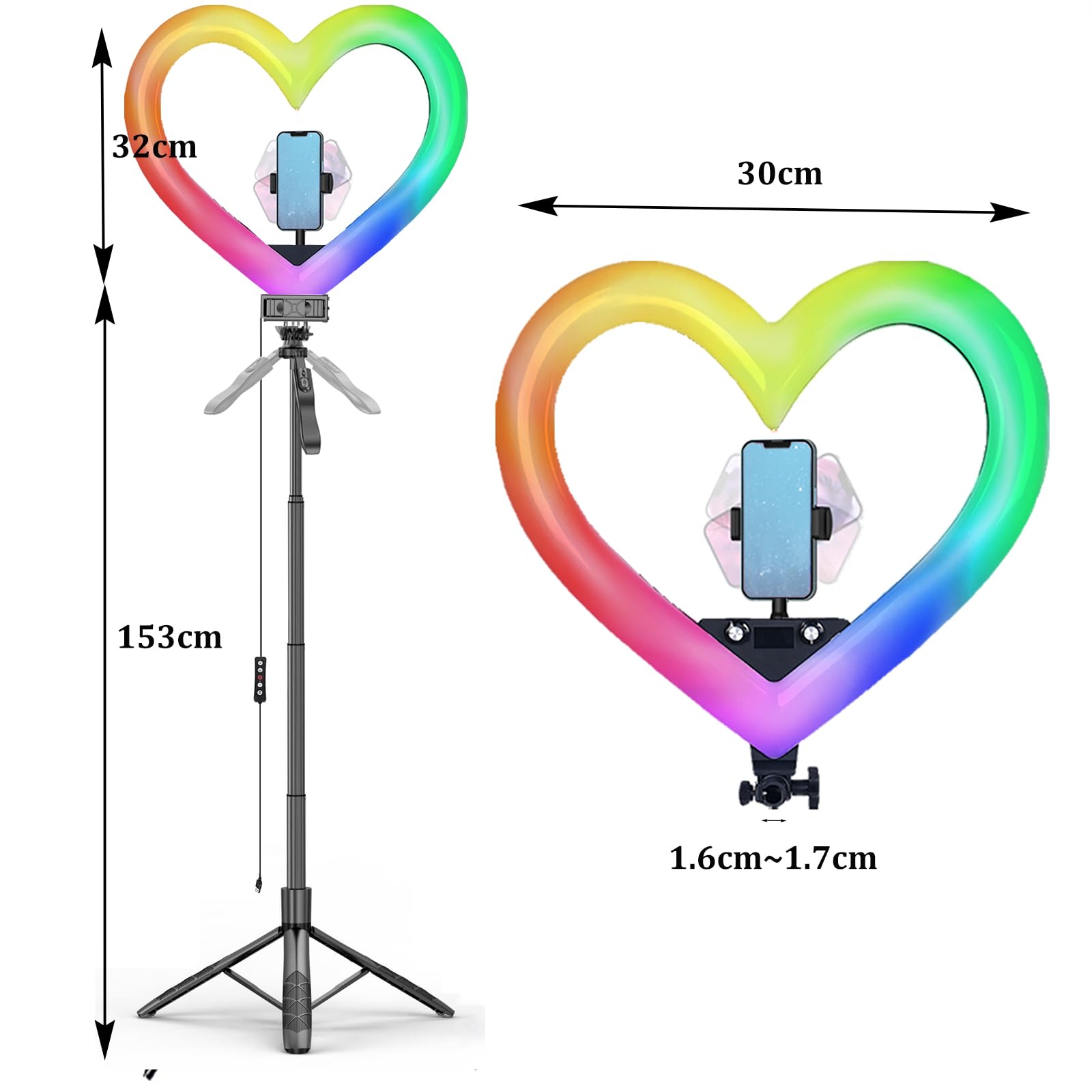 Ringlicht in Herzform, 30,5 cm (12 Zoll), RGB, LED, Herzform, mit Handyhalterung für Live-Stream/Make-up, kompatibel mit allen Smartphones