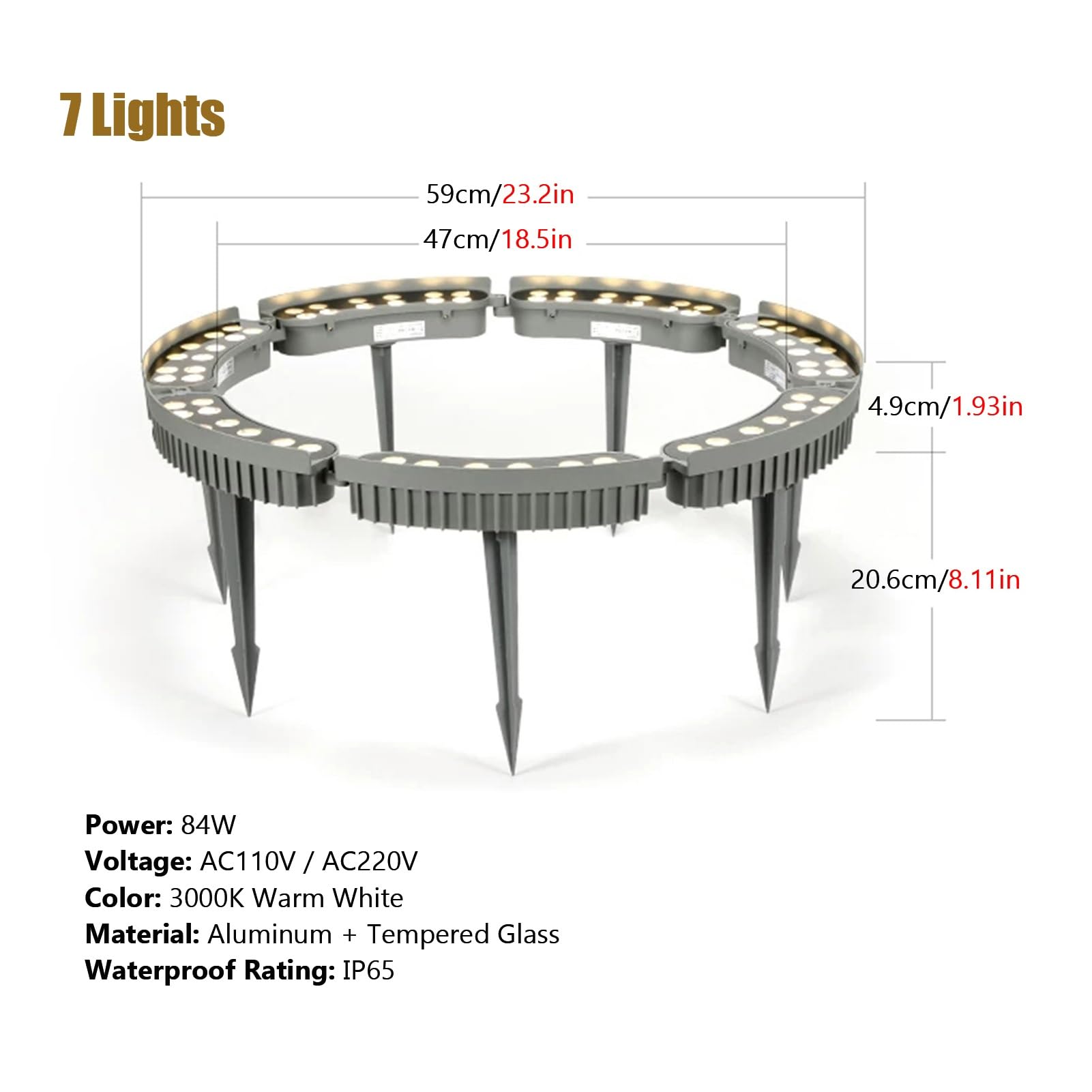 Lampa krajobrazowa LED, wodoodporna lampa LED IP65, 3000 K, ciepłe białe pierścienie świetlne do palm, dziedzińców, trawników i ogrodów zewnętrznych (220 V AC, 7 lamp)