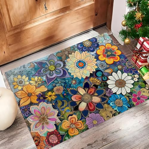 Tapis Entrée de Porte Fleurs Printemps Résistant et Absorbant 60x90cm