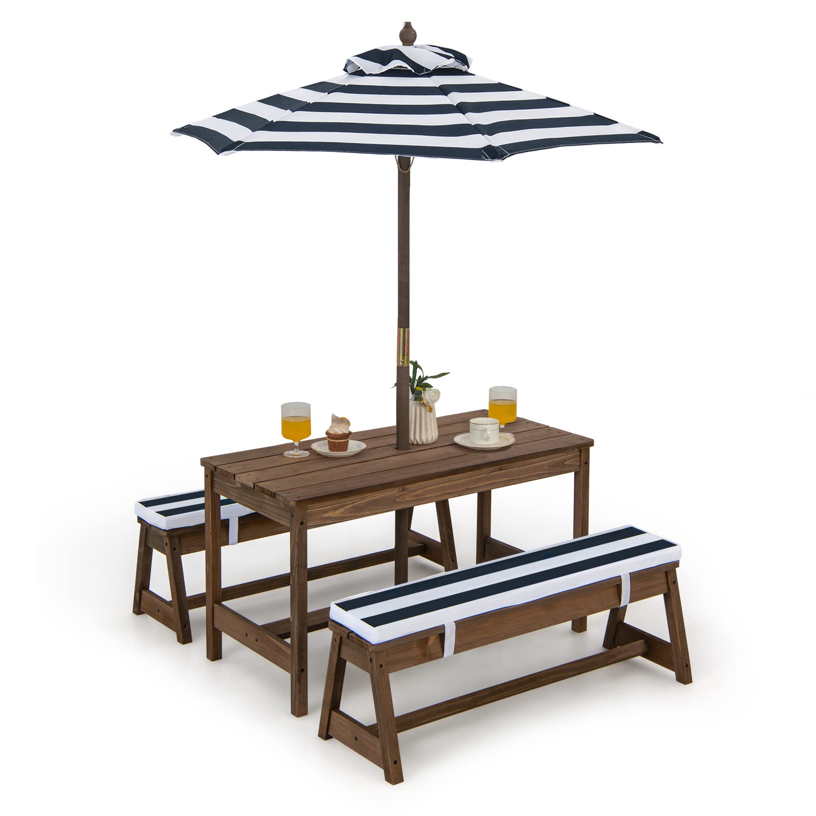 GOPLUS Table Enfant Extérieur avec Banc, Table Pique-Nique Enfant en Bois avec Parasol Hauteur Réglable, Salon de Jardin pour 1-4 Enfants, pour Terrasse, Patio, Balcon (Bleu)