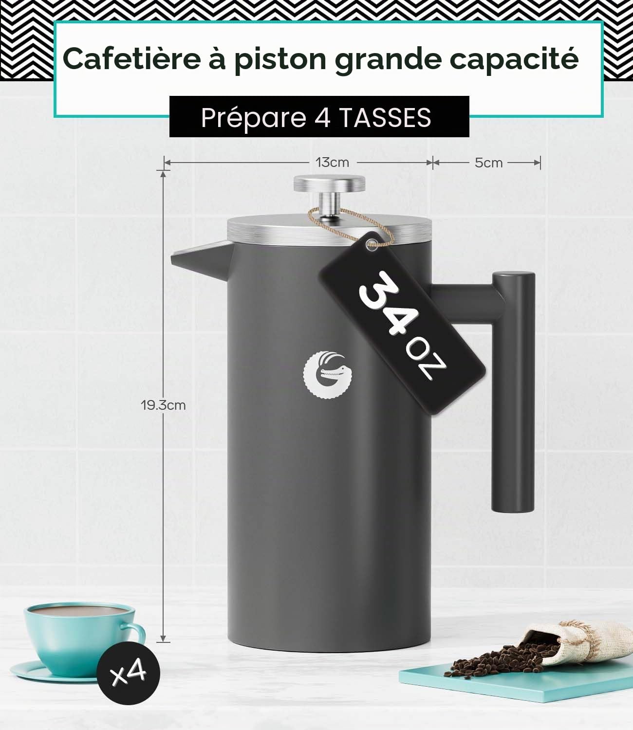 Coffee Gator Cafetière À Piston 1 Litre, En Acier Inoxydable 304, Double Paroi Isolée, Filtration 4 Niveaux, Avec boîte à Café, Portable Pour Café ou Thé Chaud et Froid, Cuisine, Camping, Gris