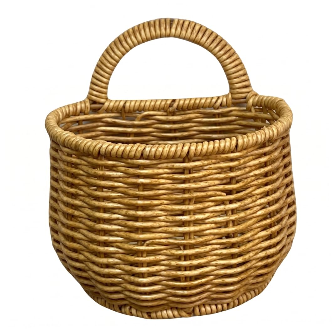 Bemonew Hanging Fruit Baskets for Kitchen, Wall-Mounted Wicker Hanging Basket Woven Storage Basket with Handle & Hook for Kitchen & Bathroom, Small