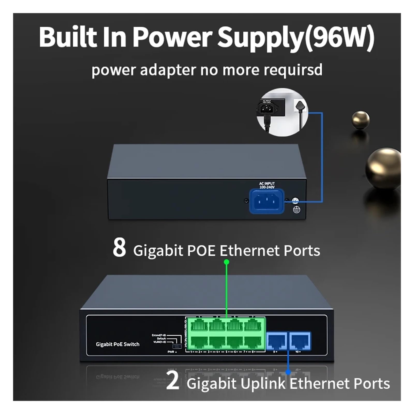 8-Port 1000...*Mbps PO//E Switch 2 Gigabit Uplink 1000BASE-T RJ45 przełącznik sieciowy 96 W Hub Internet Splitter Plug and Play