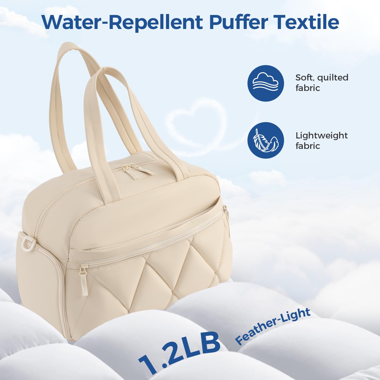 Sac de Voyage Femme Homme Sac de Sport Puffer Matelassé avec Compartiment à Chaussures et Poche Humide, Sacs Cabine Bagage à Main Bag Léger pour Nuit Weekend Hôpital Avion, Beige