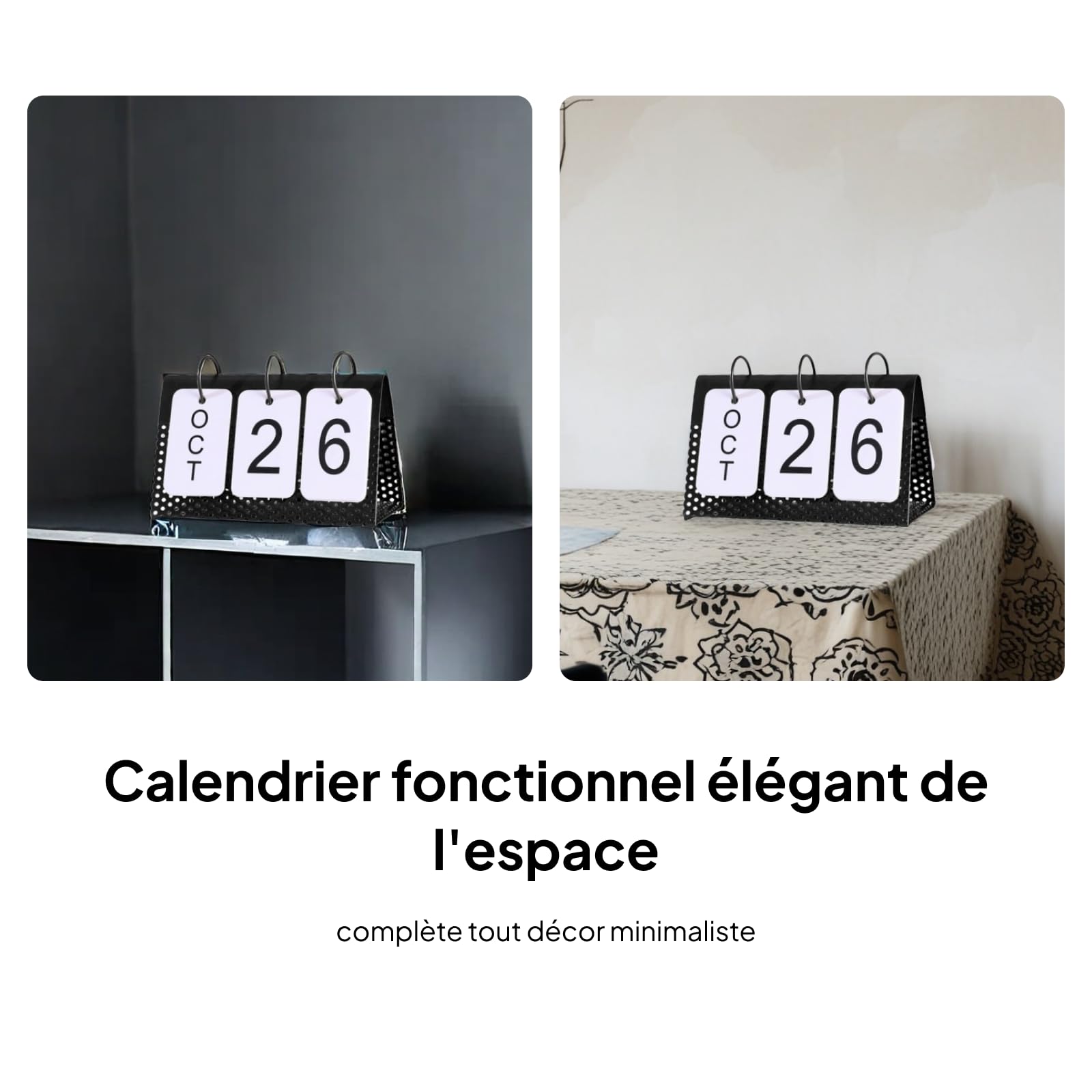 Sharplace Calendrier perpétuel créatif, décor de tournage de table à cadre en métal pour la maison, Le noir