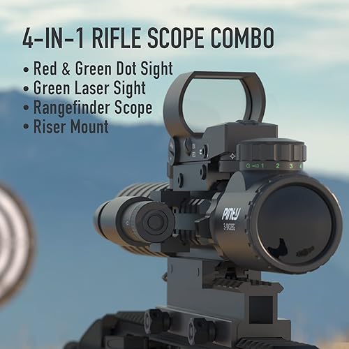 Miniatura 2 de Pinty AR15 Mira telescópica 3-9x32EG con telémetro iluminado reflex óptico con 4 retículas con punto láser verde y roja - Mira láser con soporte