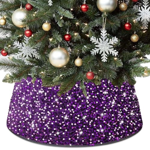 Christmas Tree Collar Purple Sequin Christmas Trees Skirt 23.6 Inch Christmass Tree Skirts Velvet Trees Collars for Pencil Tree Glitter Thanksgiving Trees Skirt Collar Purple Xmas Decorations