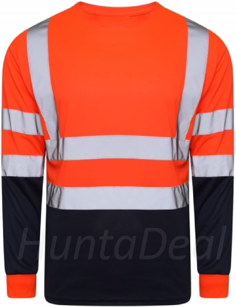 HuntaDeal Hi Viz VIS High Visibility Round Neck Tshirt Reflective Tape Safety Security Work Long Sleeve T-Shirt Breathable Lightweight Double Tape Workwear Top