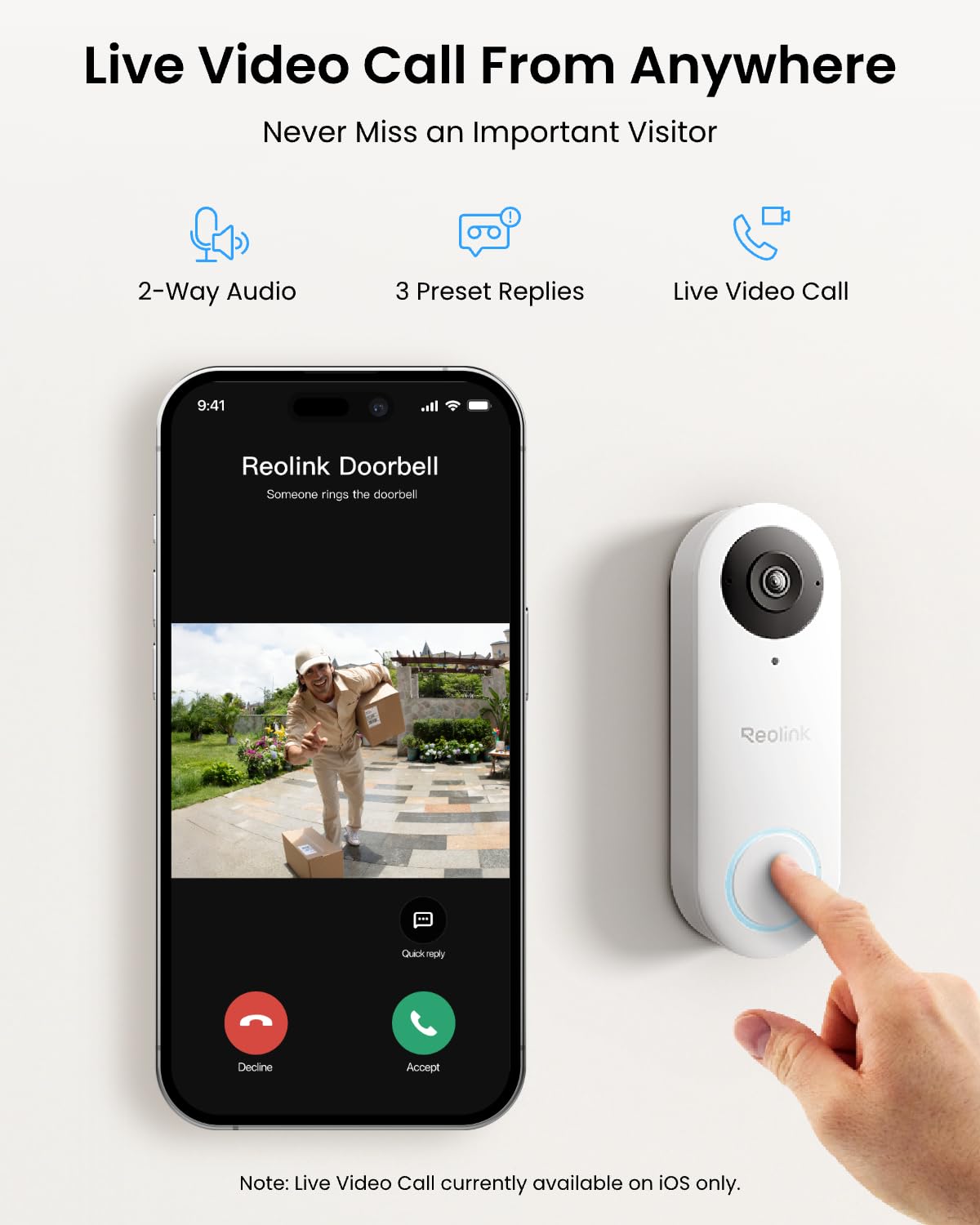 Dzwonek wideo Reolink 5MP z kamerą Wi-Fi i dzwonkiem, widok 3:4 od stóp do głów, widok 180°, Wi-Fi 5/2,4 GHz, dźwięk dwukierunkowy, wykrywanie osób/paczek, inteligentne alerty (przewodowe)