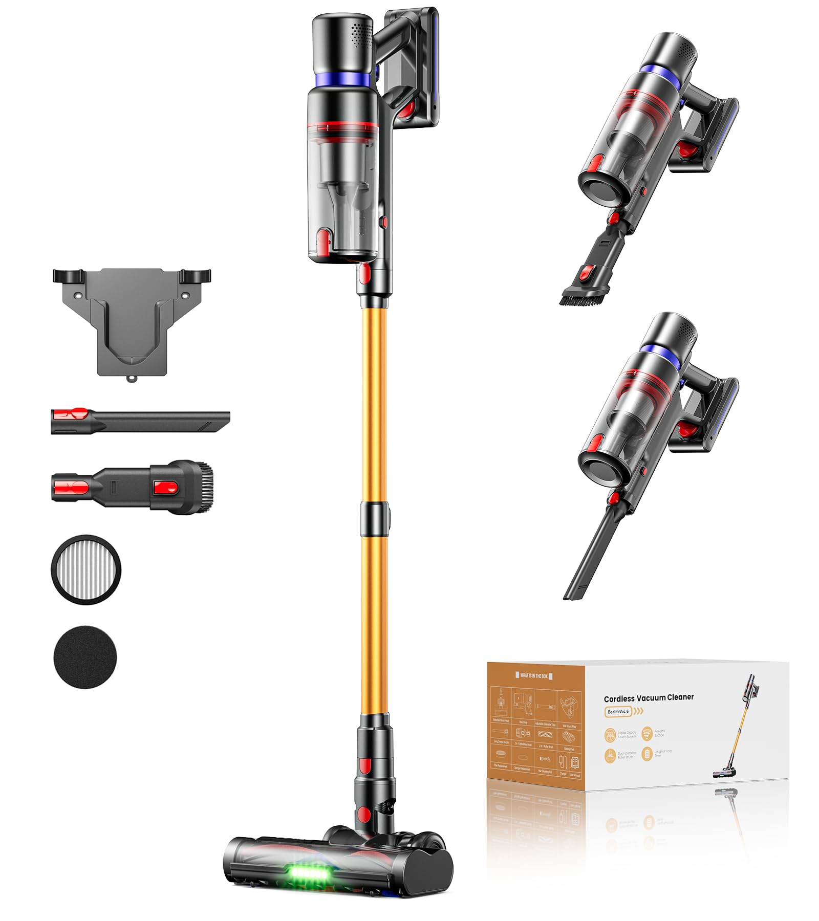 Aspiradora inalámbrica con batería, 650 W, 55 KPa, 75 minutos de autonomía, aspiradora de mano ligera 8 en 1 con luz LED verde y cepillo antienredos, para alfombras de pelo de animales, suelos duros y