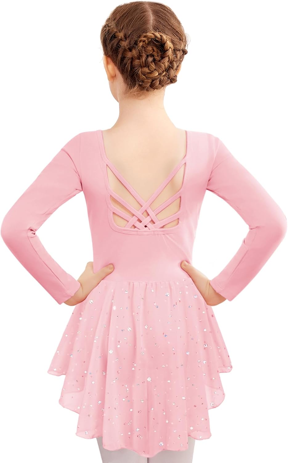 Zaclotre Girls Ballet Leotards with Shinny Skirts Long Sleeve Crisscross Back Dance Dress Outfits