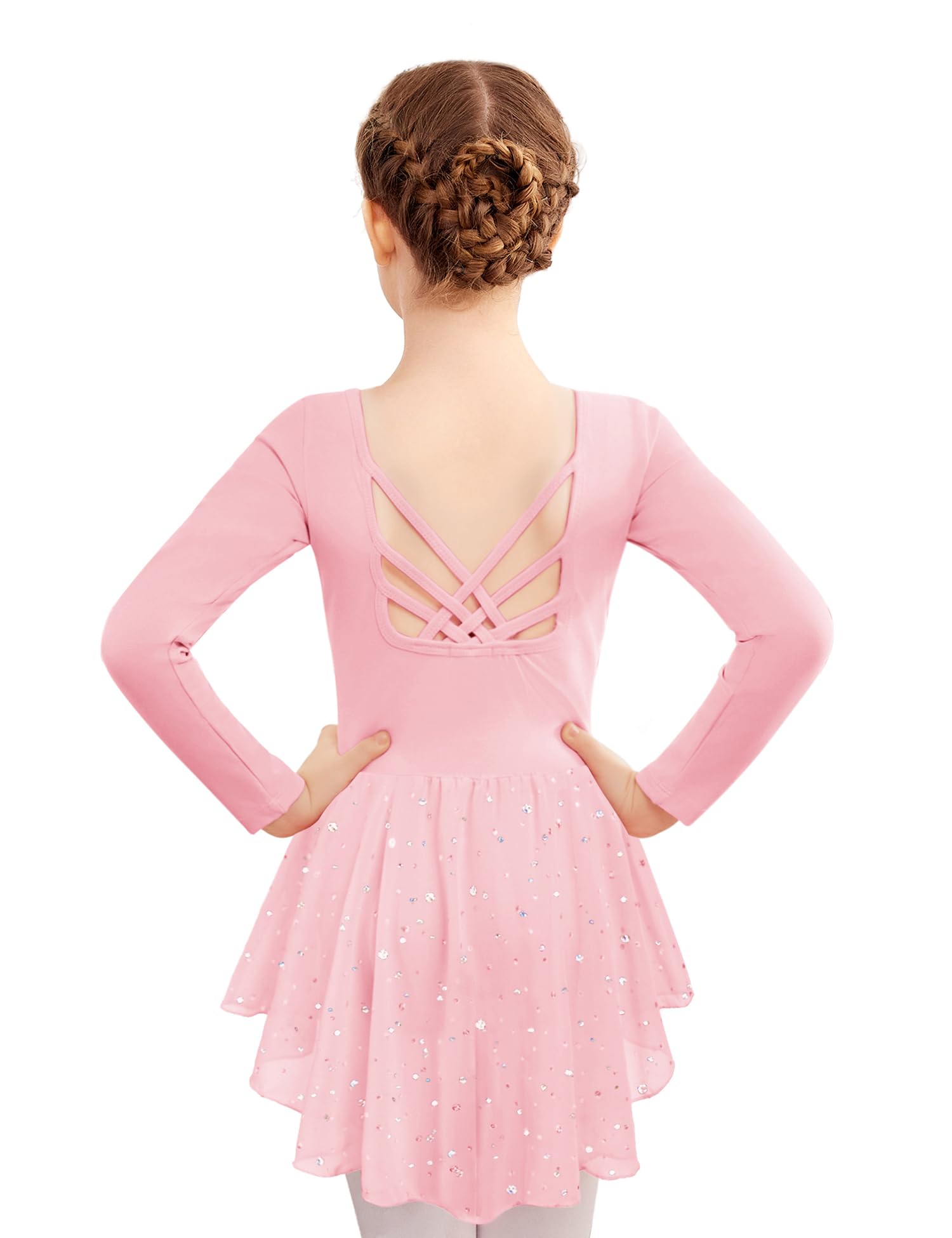 Zaclotre Girls Ballet Leotards with Shinny Skirts Long Sleeve Crisscross Back Dance Dress Outfits