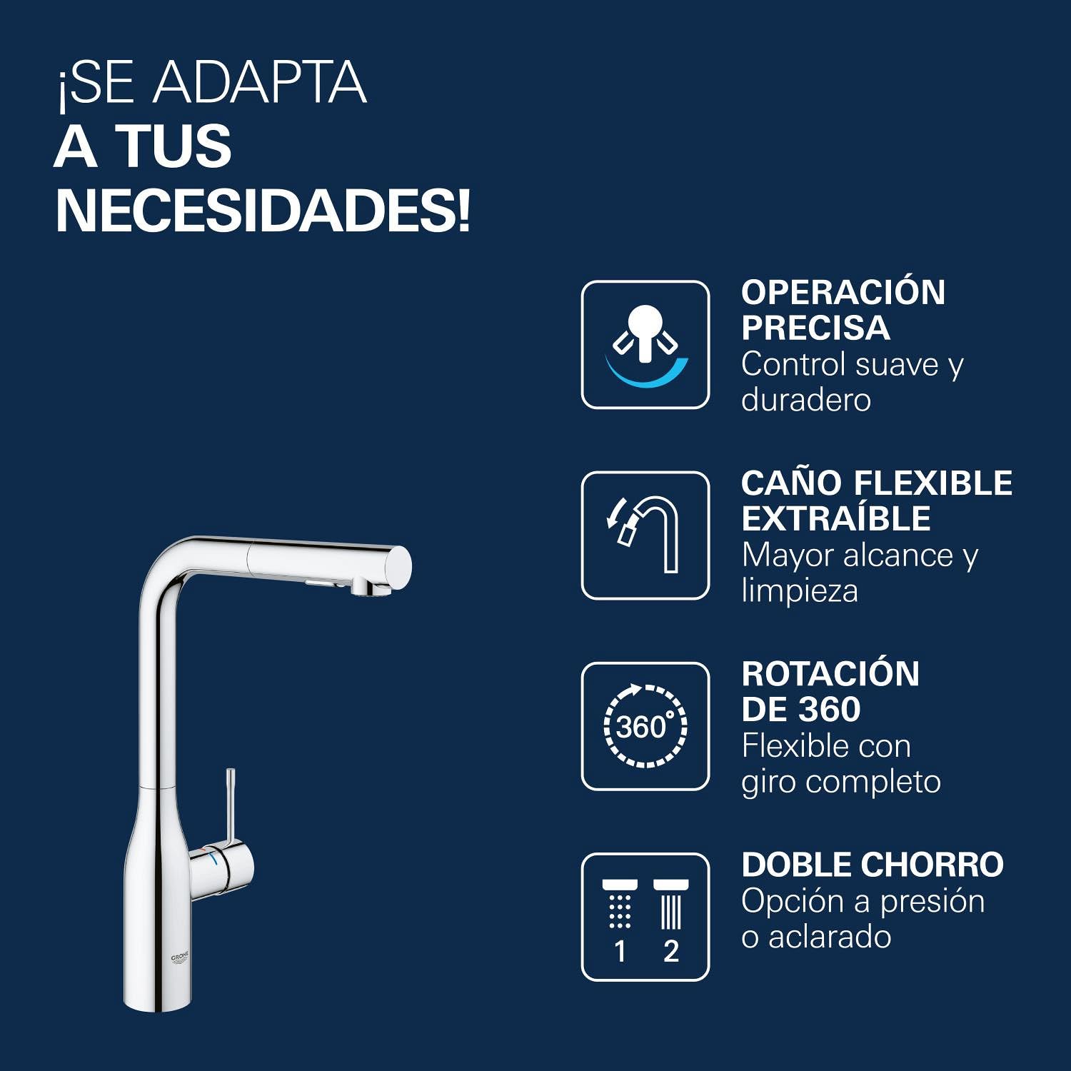 GROHE Essence Monomando de fregadero 1/2", Teleducha extraíble con 2 chorros, Cromo, 30270000