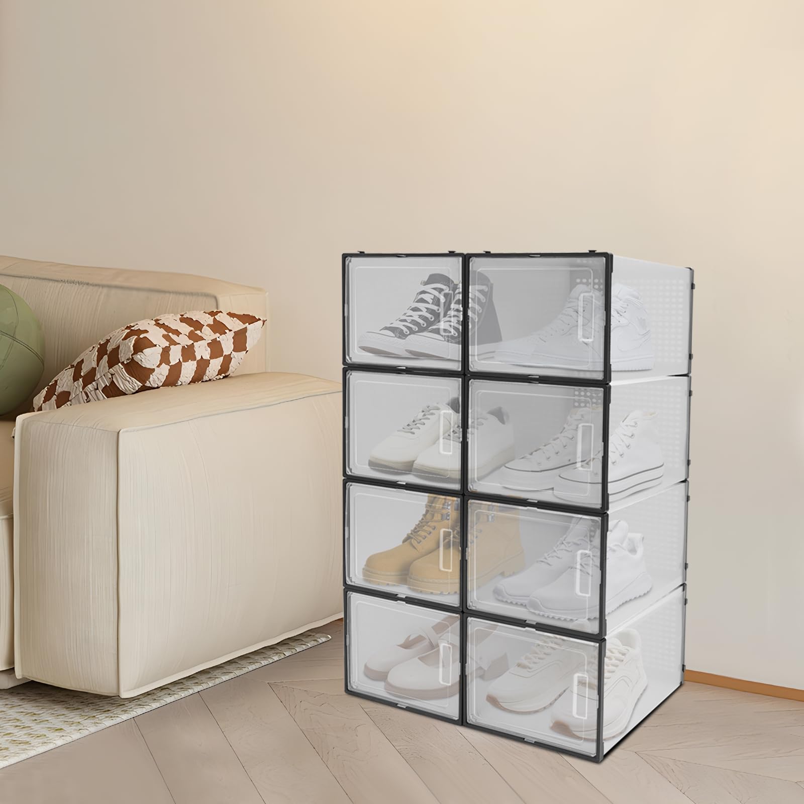 Set di 8 scatole per scarpe, impilabili, trasparenti, in plastica con finestra e manico, organizer per scarpe, antipolvere, per sneaker, 37 x 26 x 20 cm