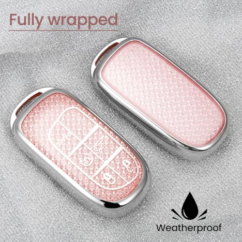 Image of Key Fob Cover for Jeep Renegade, Rhinestone Wristlet Case, Pink | Wear-resistant TPU shell, non-stretch rhinestone wristlet, daily splash, scratch and drop protection, normal signal use