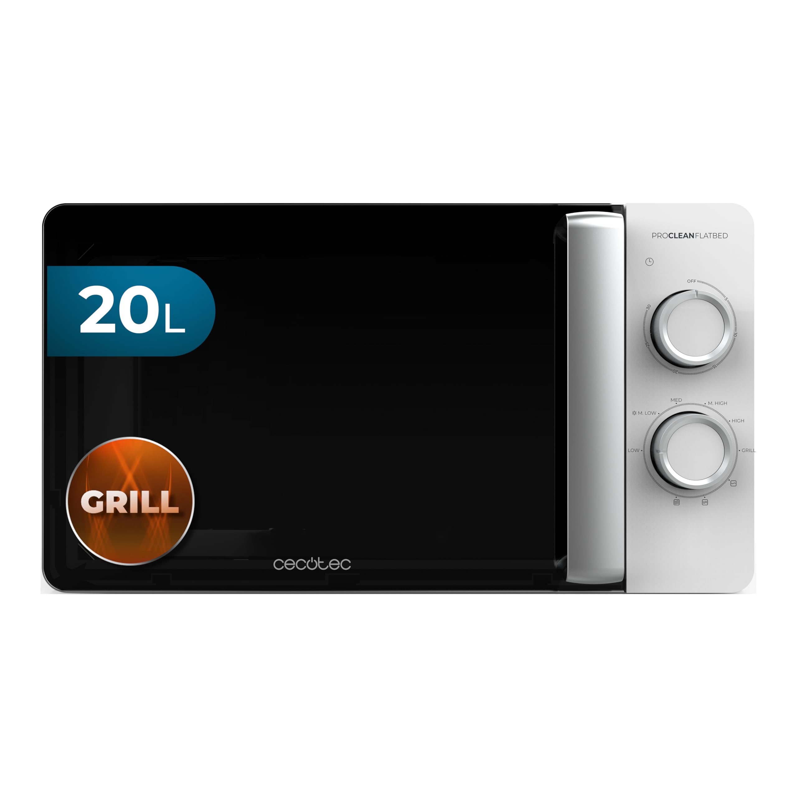 Cecotec Proclean 3110 Flatbed Microwave Oven on a kitchen counter with its door open.