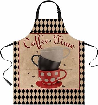 Coffee Theme Waterproof Apron With Pockets, Kitchen Chefs Bib Cooking BBQ Grill Bake Adjustable Aprons for Women/Kids Home Garden Grooming Painting Gardening Retro Plaid Coffee Cup Coffee Beans