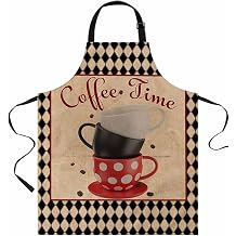 Coffee Theme Waterproof Apron With Pockets, Kitchen Chefs Bib Cooking BBQ Grill Bake Adjustable Aprons for Women/Kids Home Garden Grooming Painting Gardening Retro Plaid Coffee Cup Coffee Beans