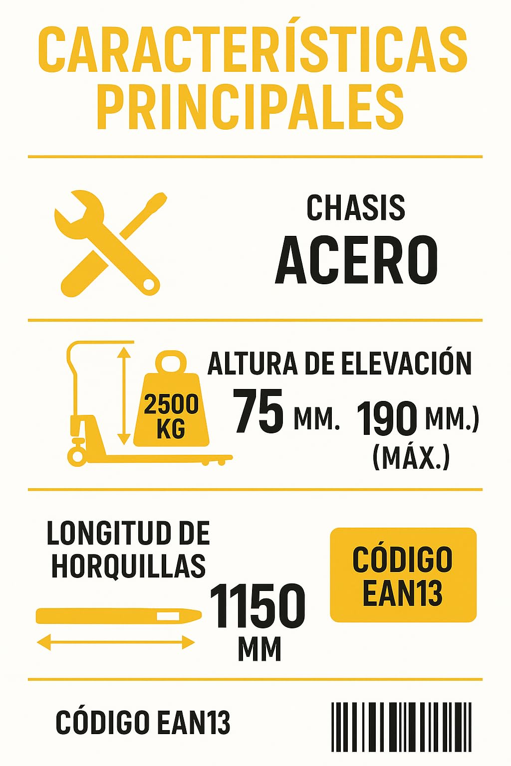 Benza Transpaleta BZ251150 Horquilla Larga, (Carga 2500 kilos, Horquillas Altura 75 – 190 mm, Estructura en Acero)