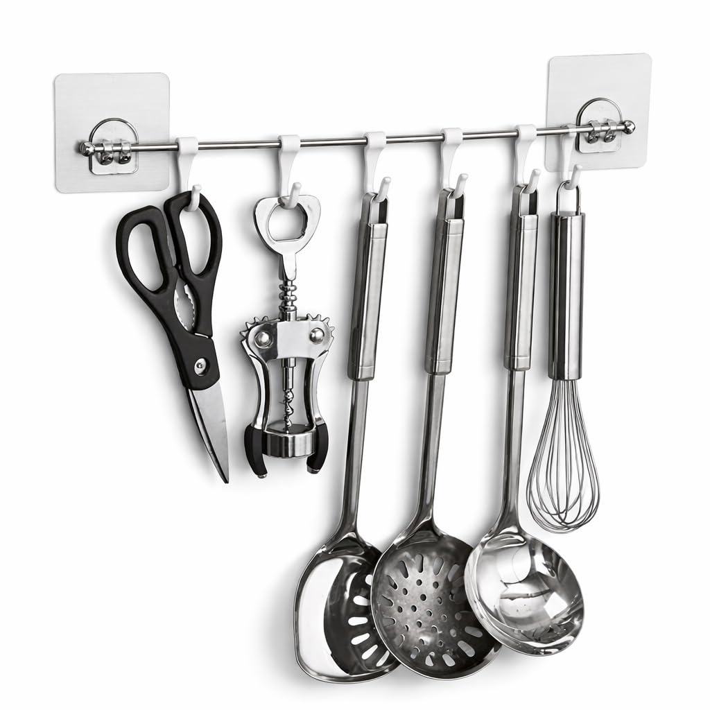 Premium Self Adhesive Kitchen Accessories Items Organizer, a wall-mounted, self-adhesive organizer with 6 hooks