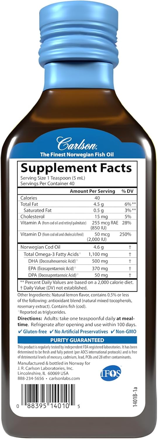 Carlson - Super D Omega-3, Wild Caught Norwegian Arctic Cod Oil, 2000 IU (50 mcg) Vitamin D3, 1100 mg Omega-3s, Sustainably Sourced Nordic Fish Oil Liquid, Lemon, 200 mL (6.7 Fl Oz)