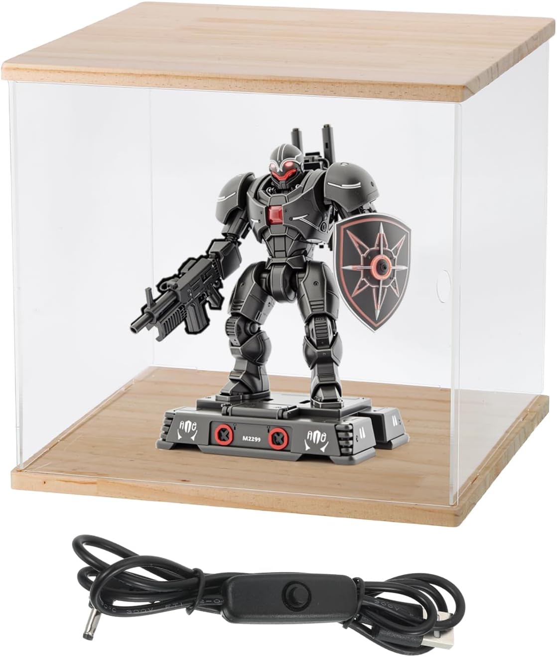 MECCANIXITY Clear Display Case, Acrylic Figure Display Case Clear Display Boxes for Collectibles, Figures Model Toys Home Storage(with Line LED Light, 6x6x9 Inch Wood Base)