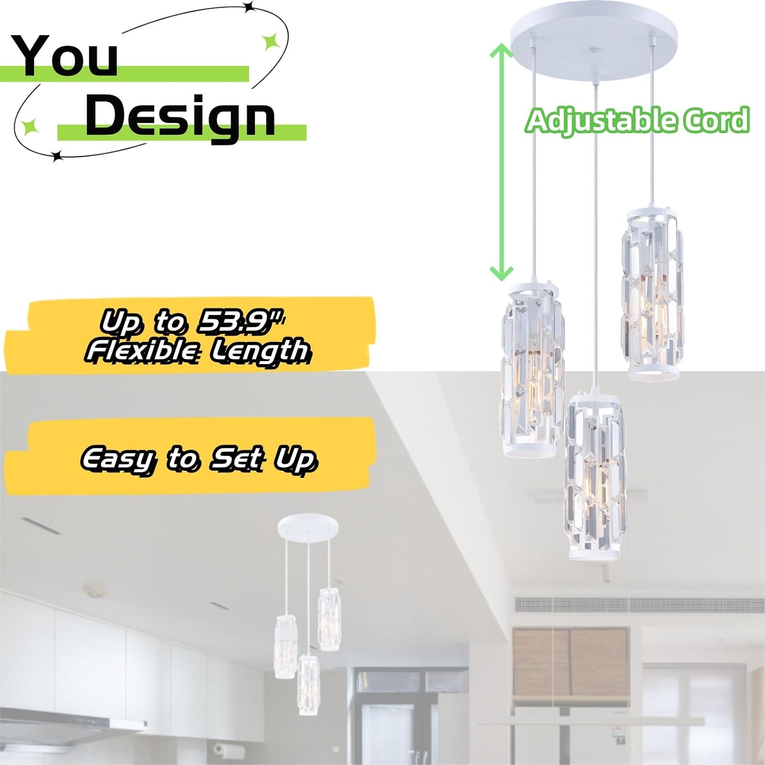 WISBEAM White 3-Light Crystal Pendant Lights, Large Crystal Kitchen Island Pendant Lights Fixture with E26 Medium Base Max. 60 Watts, ETL Rated, Bulbs not Included, Pendant Lighting for Living Room