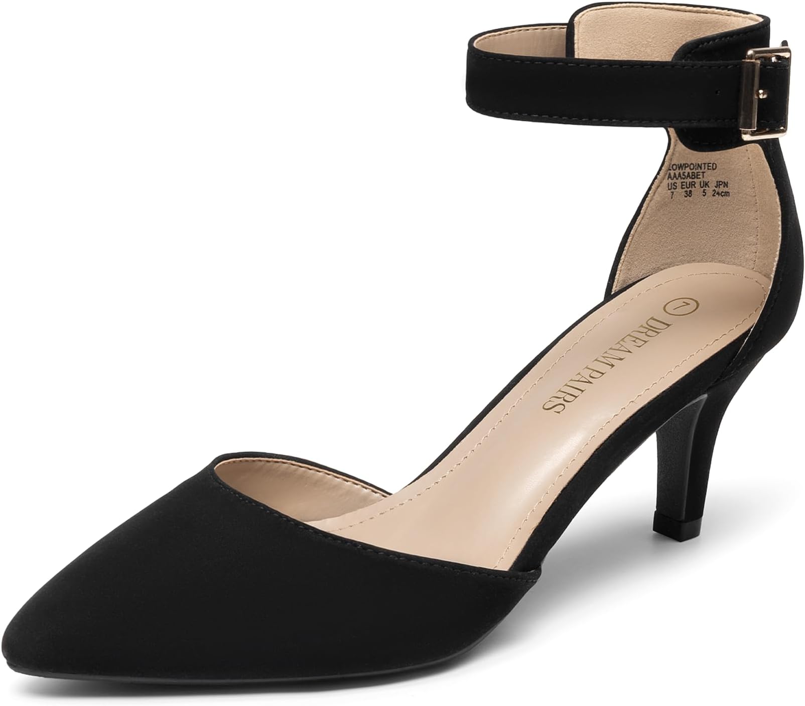 Womens Court Shoes Pointed Toe Low Kitten Heel Ladies Pumps Ankle Strap Dress Sandals