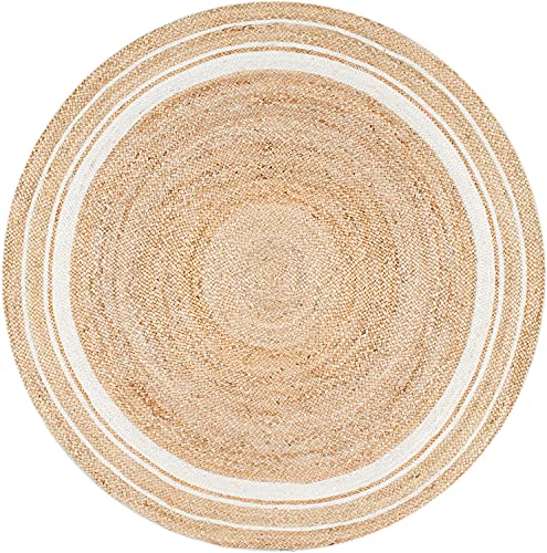 Vipanth Natural Jute Rug Hand Braided Round Area Rug Handmade Rug for Home Decor (3 Feet Round (36 x 36 Inches), Beige + White Line)