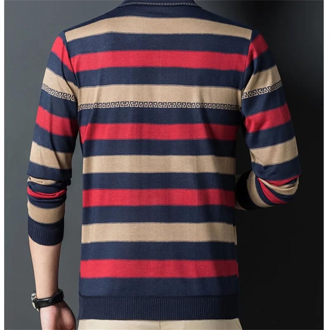 Camiseta polo de manga larga con botones a rayas para hombre, para negocios, ajustada, holgada