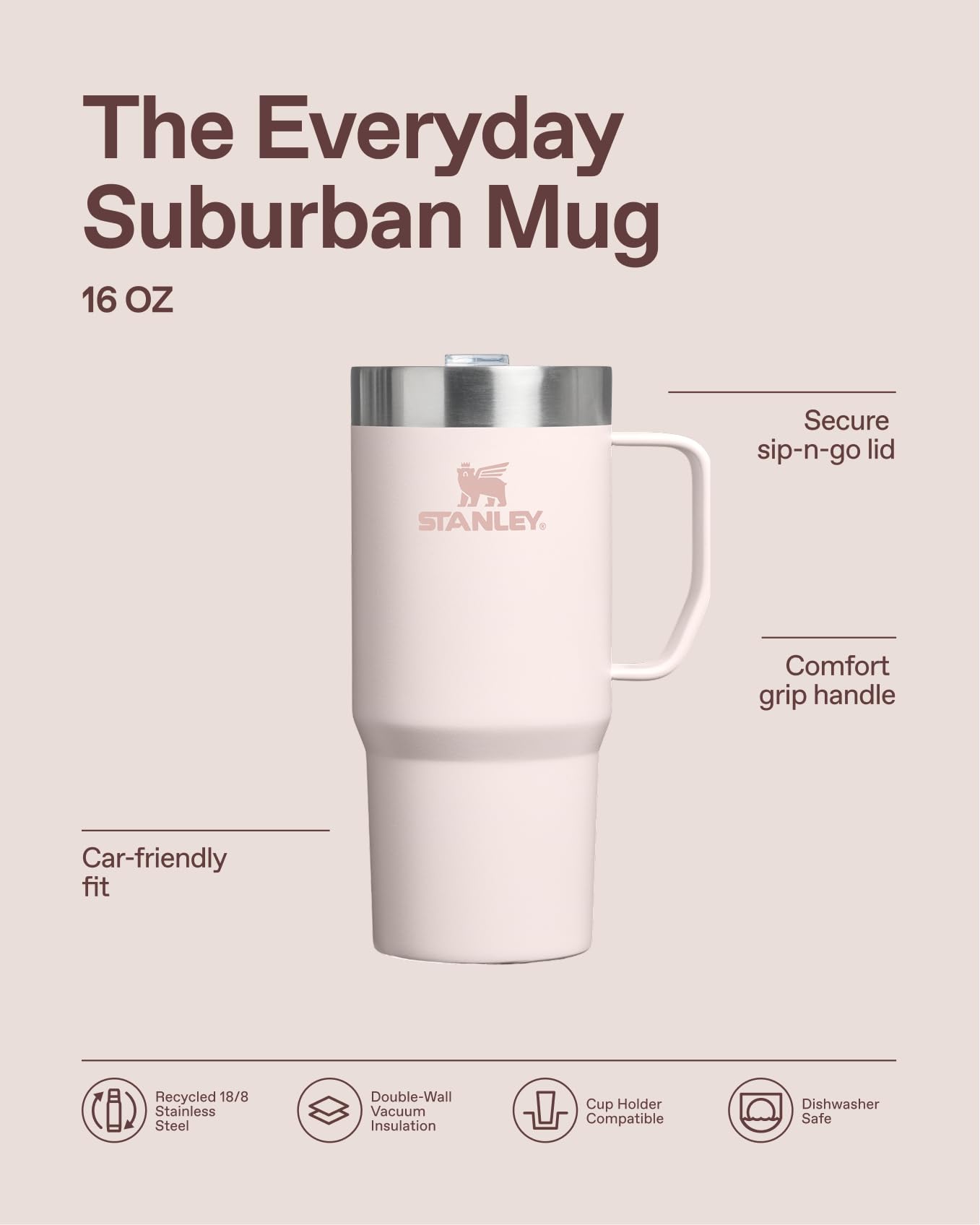 Amazon.com: STANLEY The Everyday Suburban Mug | 16 oz | Drink Through Lid |  Cup for Coffee, Tea and Drinks | Insulated Stainless Steel Coffee Mug |  BPA-Free | Rose Quartz : Home & Kitchen