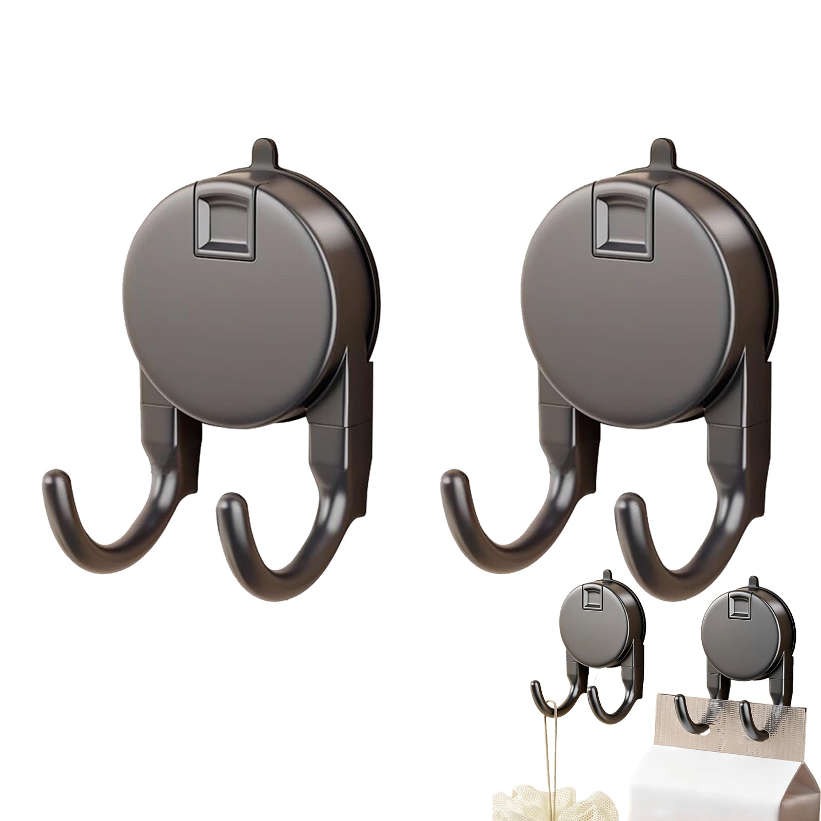Suction Hooks, Bathroom Suction Hooks with Double Prong Design, Shower Hooks for Towels and Robes, Gun Grey Suction Cup Hooks 2-Pack