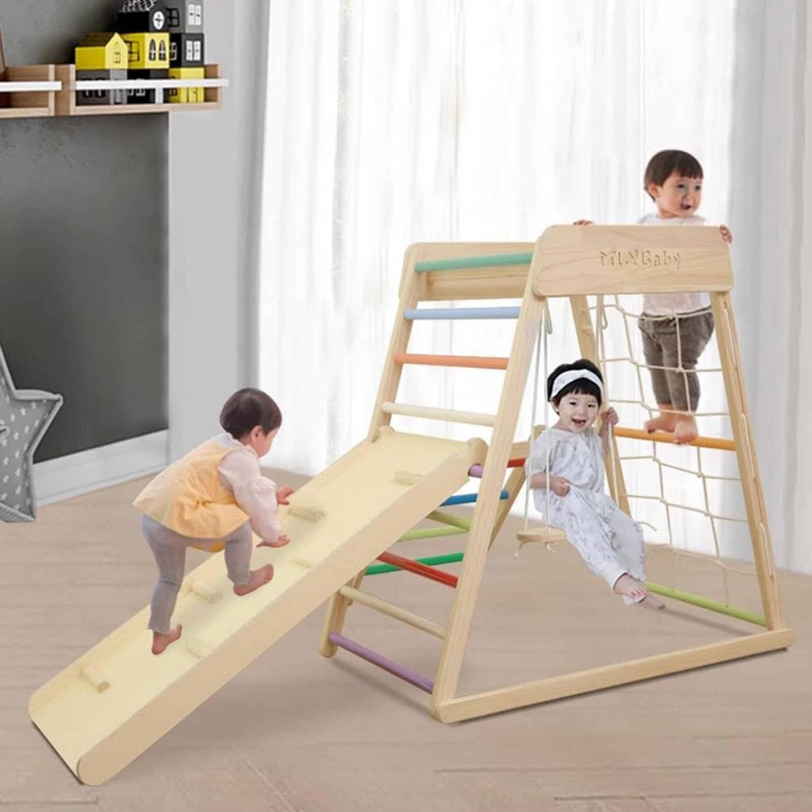 YSOAE 7-in-1 Wood Indoor Playground Jungle Gym, Multifunction Montessori Play Gym Playground Sets, Indoor Jungle Gym with Swing/Slide/Climbing Rock/Net/Ladder/Monkey Bars/Gymnastic Rings