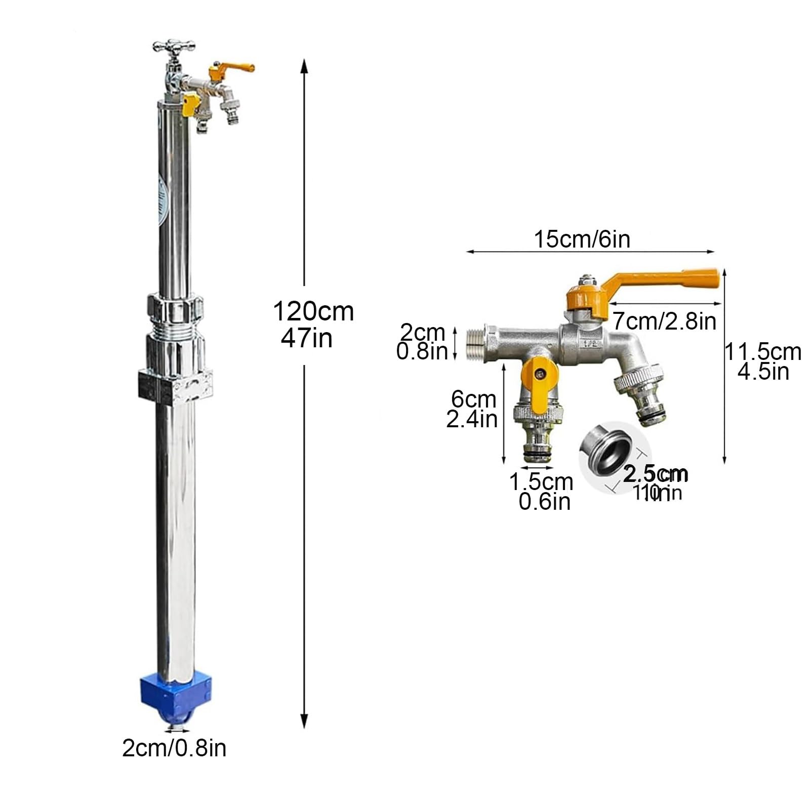 Colonne d'eau de Jardin Extérieure en Acier Inoxydable 304, Colonne d'eau Verticale Antigel avec Robinet À Double Sortie, Fontaine à colonne pour Jardin et Cour(120cm/47in)
