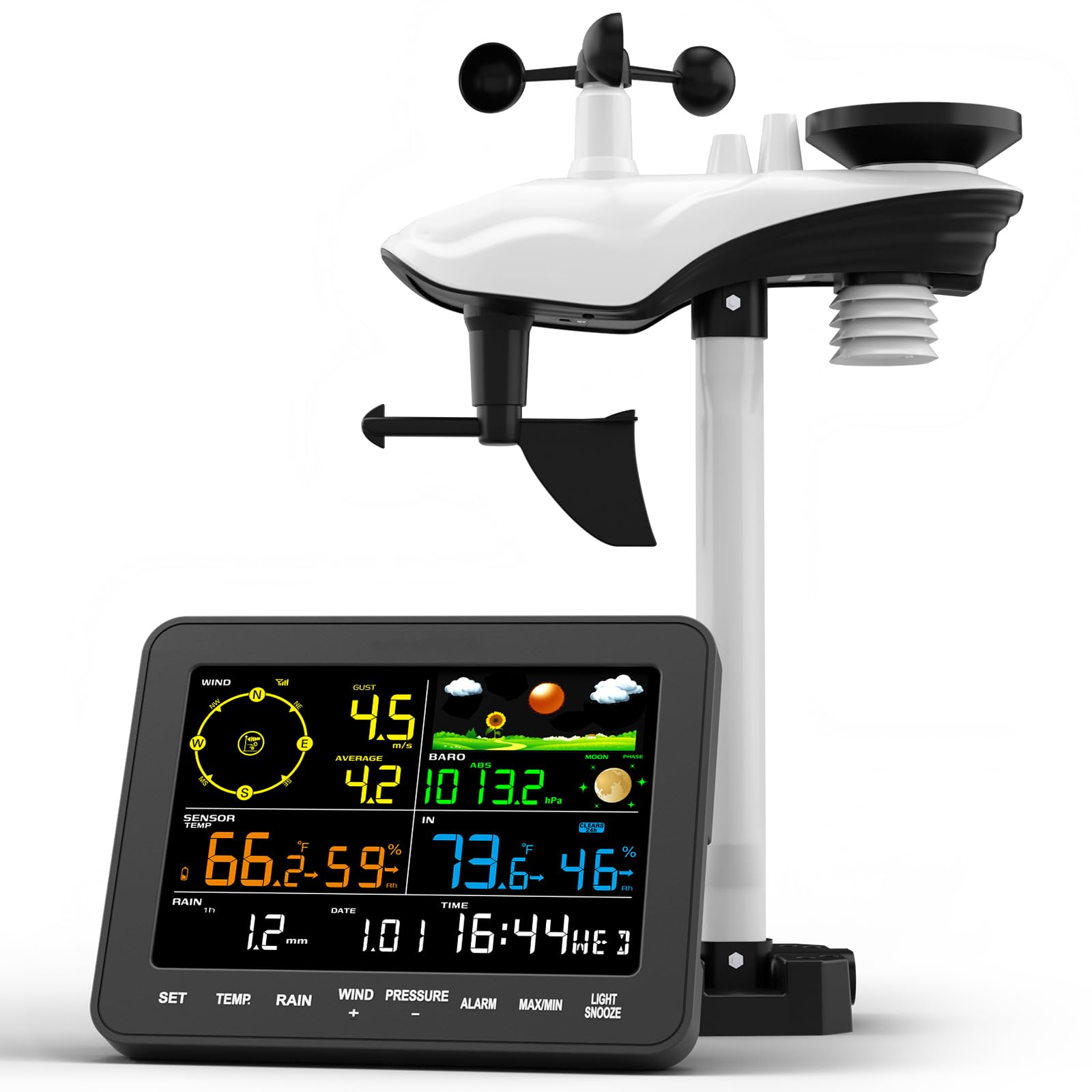 12-in-1 Wireless Weather Station for Outdoor Farm Garden, Indoor Outdoor with Rain Gauge, Wind Speed, Forecast, Temp, Humidity, Pressure, Moon Phase, Alarm, 100m Range(No WiFi)-image-33
