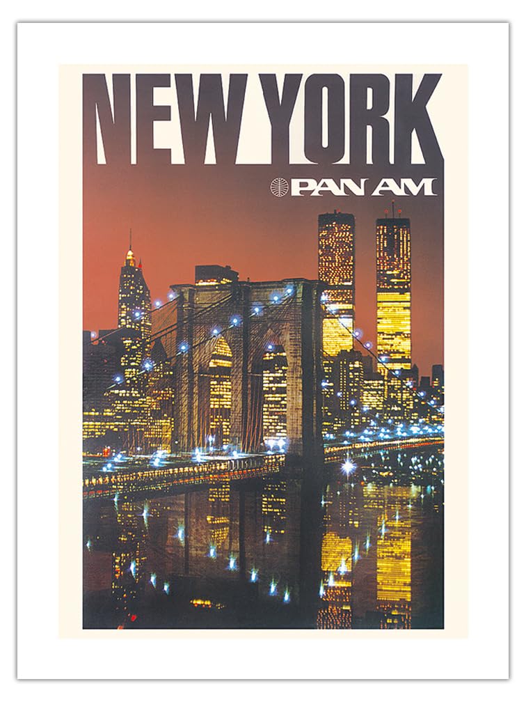 New York - Pan American World Airways - Brooklyn Bridge Twin Towers - Vintage Airline Travel Poster c.1975 - Bamboo Fine Art 290gsm Paper (Unframed) 12x16in