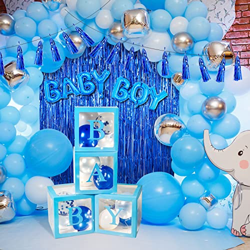 112 Pieces Baby Shower Decorations Boy Elephant Theme Block Balloon Box Includes 3 Set Baby And 26 A-Z Letters, Baby Shower Banner, Foil Balloons, Curtains, Led Light For Party Supplies (Blue) #TOP18