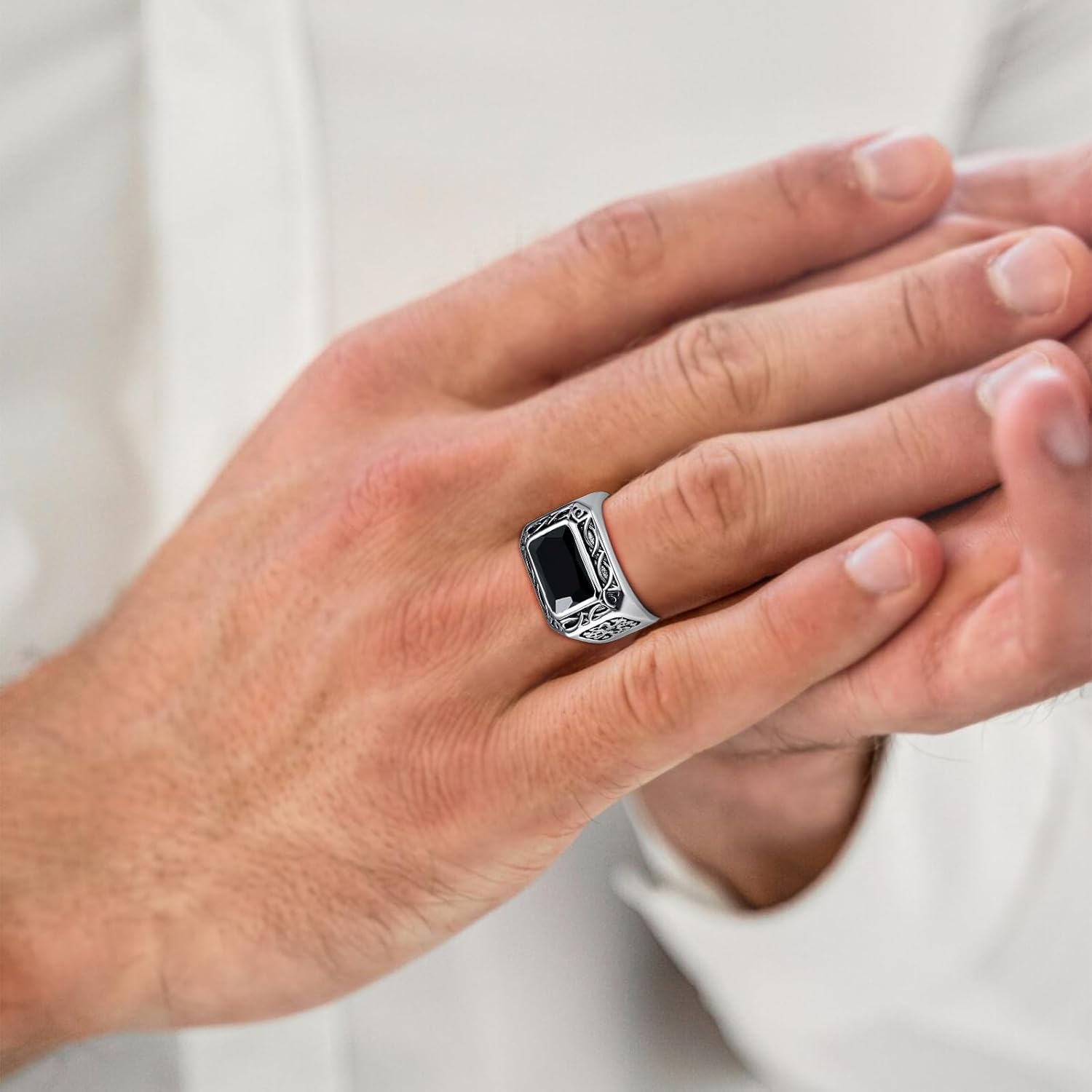 12x8mm Simulated Mens Gemstone Ring Stainless Steel Vintage Celtic Mens Ring, Blue|Red|Black Stone Signet Style Rings for Men Wedding Gift for Husband, Father, Grandpa Size 8-12 - Image 5