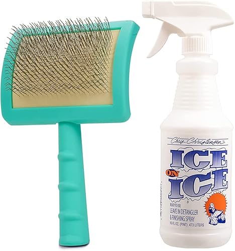 Jelly Pet Slicker Brush and Chris Christensen - Paquete de aseo de acabado en aerosol Cepillo universal para deslizar pasadores duros grande verde